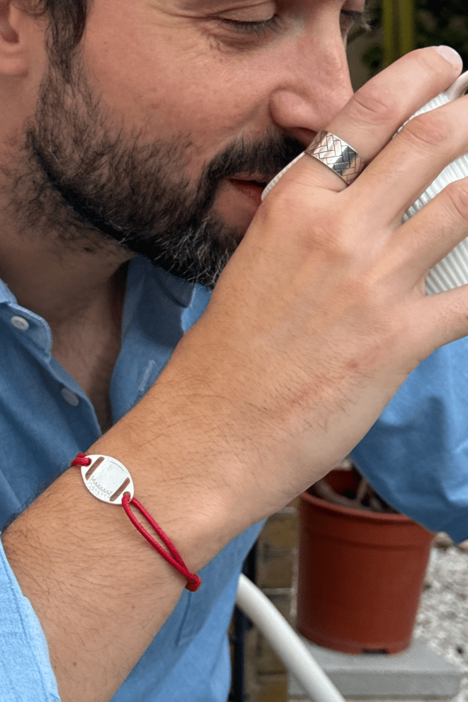 Bracelet cordon rugby homme et bague homme argentée