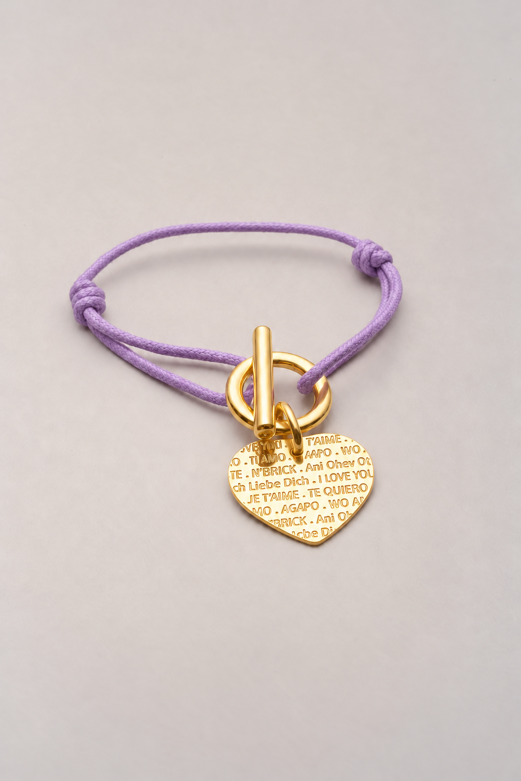 Bracelet attache cœur je t’aime doré, cordon lilas